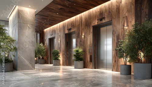 Modern elevator lobby with wooden walls panels, potted plants in grey pots. Warm lighting, metal elevator doors, marble floor. Contemporary interior design for office luxury building entrance.