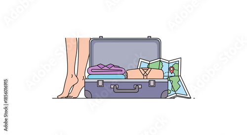 Woman packing clothes and map into suitcase for travel adventure