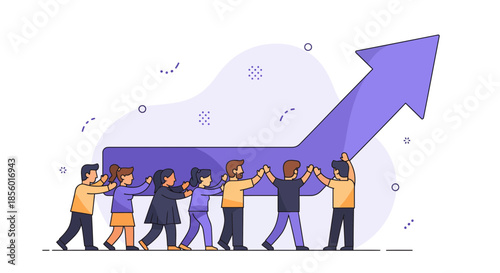 Diverse team working together to push large purple arrow upwards in unity