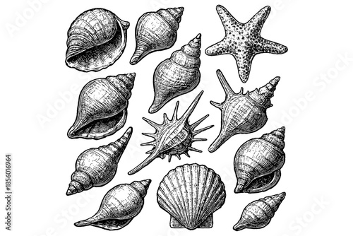 set of sea shells,
Hand-Drawn Tropical Marine Seashells Set – Black & White Vector Illustration Isolated on White