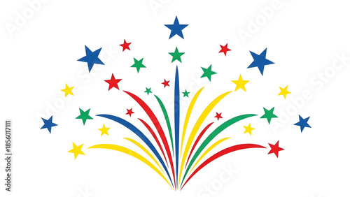 Vibrant colorful starburst with multicolored stars and streaks on white background
