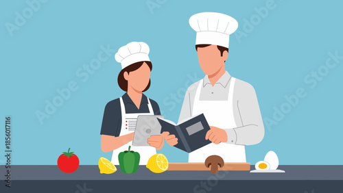 Chefs consulting recipe book in professional kitchen with fresh ingredients