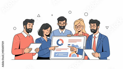 Business team analyzing data on a large screen with charts and graphs