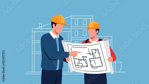 Two construction workers reviewing building plans in hard hats