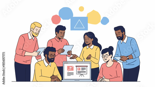 Diverse team collaborating on project with laptop and documents in modern workspace