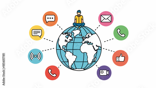 Man sitting on globe surrounded by communication icons