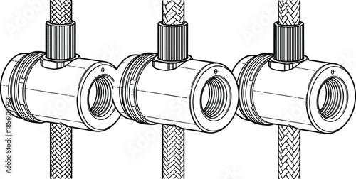 PrintLine art illustration of industrial three way pipe connectors with braided hoses, mechanical engineering hardware components, technical plumbing valve drawing.