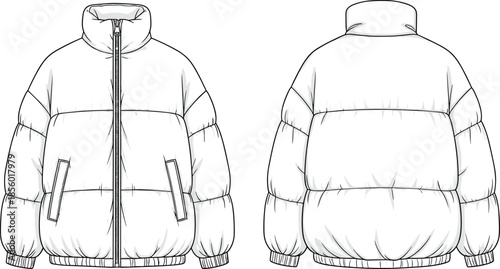 PrintTechnical fashion flat sketch of oversized puffer jacket, quilted puffer coat with high collar, apparel vector illustration, garment CAD drawing,