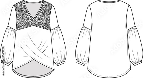 PrintTechnical fashion flat sketch of women floral lace yoke wrap blouse, puff long sleeve tunic design, apparel vector illustration, CAD,