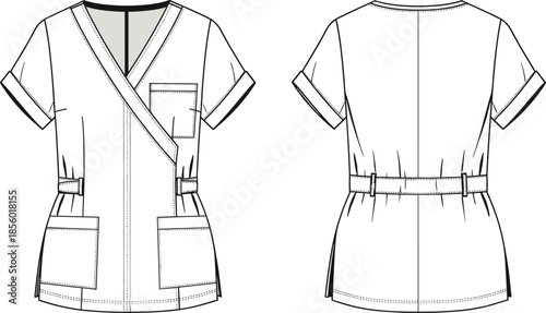 PrintTechnical fashion flat sketch of women medical scrub top, belted waist wrap tunic design, apparel vector illustration, garment CAD drawing,