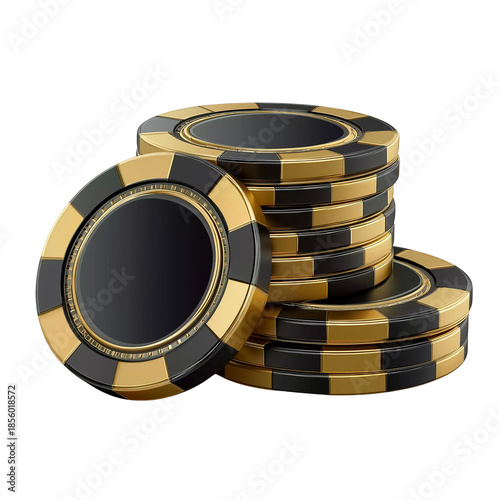 Stack of Gold and Black Casino Chips isolated on a transparent background