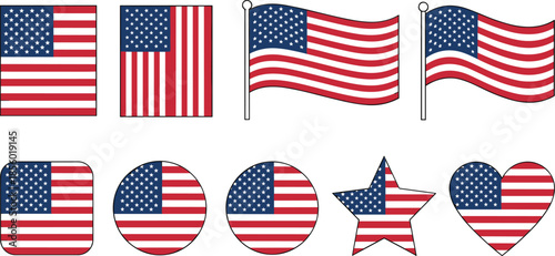 American flag icons in various shapes and styles for patriotic use