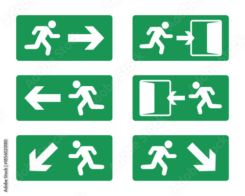 Emergency exit sign icon set with running man and directional arrows isolated on white background. Safety evacuation symbols ideal for buildings, public places, signage systems, apps