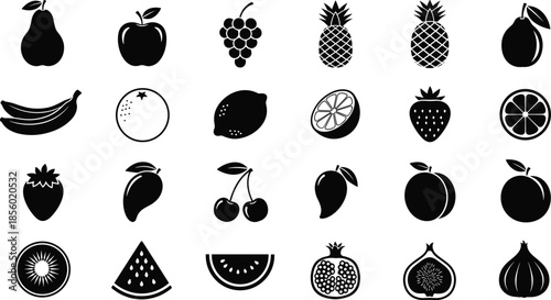 Collection of various fresh fruit icons in black