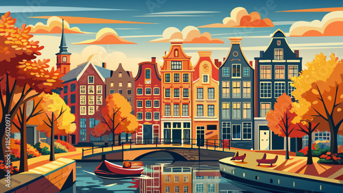 Very beautiful panoramic autumn view of Amsterdam showcasing historic canals, colorful houses, tree-lined waterways, and warm morning light, creating a charming seasonal cityscape ideal for travel and