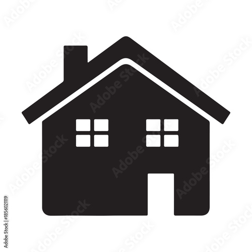 Simple Black Silhouette of a Residential House with Windows and Door