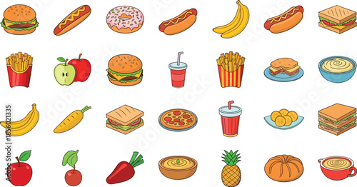 Colorful fast food and healthy snacks illustration set