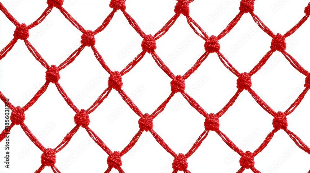 Naklejka premium Close-up of a red knotted rope net against a plain white background. The pattern showcases a repeating diamond grid