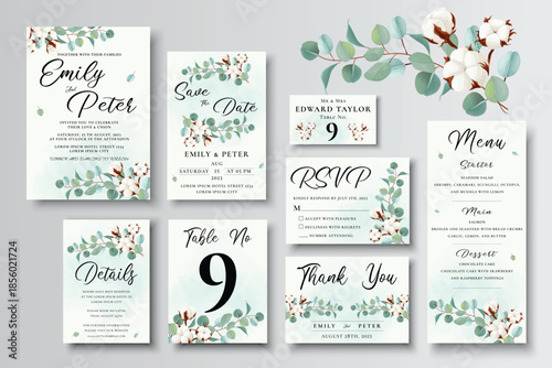 Wedding invitation suite with eucalyptus and cotton flowers