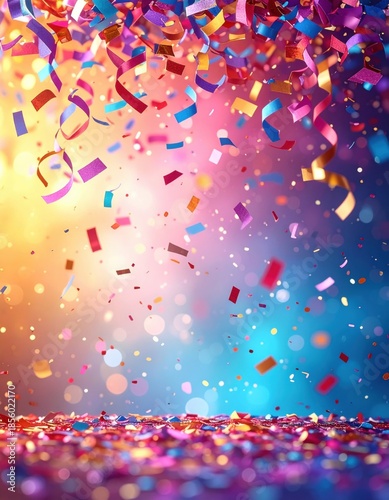 A vibrant explosion of colorful confetti against a blurred background, creating a festive and celebratory atmosphere.