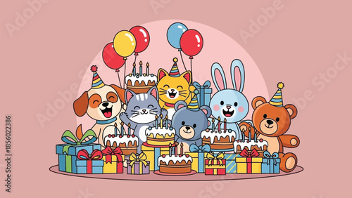 Happy cartoon animal friends having a wonderful birthday celebration together