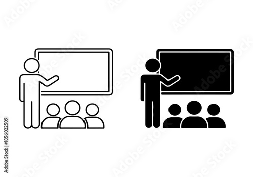 Professional presentation icon depicting a speaker addressing an audience with a whiteboard, ideal for educational or business training materials and seminars