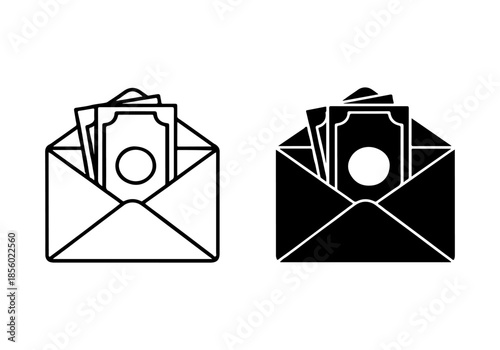 Vector icons of open envelopes containing cash, representing payment, income, salary, bonus, or a gift. Financial graphic design element