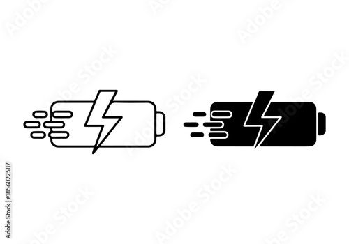 Fast charging battery icon with lightning bolt and motion lines, symbolizing quick energy replenishment and efficient power delivery for modern tech