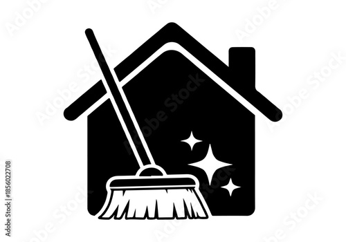 Professional home cleaning service icon featuring a broom and house, representing pristine hygiene and domestic care. Scalable vector graphic illustration