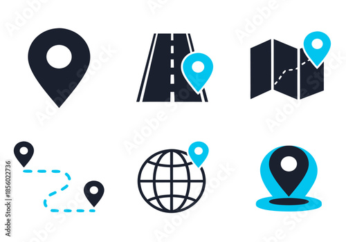 Modern vector icon set for digital mapping and navigation apps, featuring GPS location pins, road routes, and global destination markers
