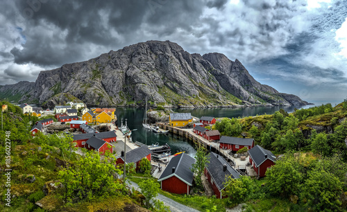 Vászonkép Old Fishermen Village Nusfjord With Rorbuer Huts And Calm Fjord On Lofoten Islan