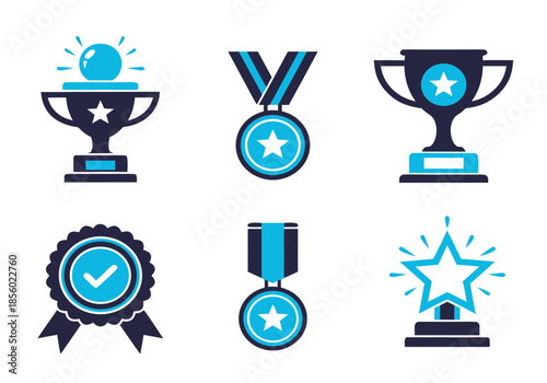 Modern flat design vector award icon collection, featuring trophies, medals, and ribbons for success and achievement recognition