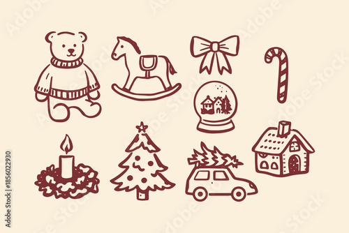 Christmas set teddy bear tree car gingerbread doodle vector illustration