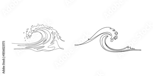 Ocean wave continuous one line drawing outline  vector illustration.Pro vector, Continuous one line drawing of big ocean wave with graph peaks representing market tsunami or fluid dynamics, water spla