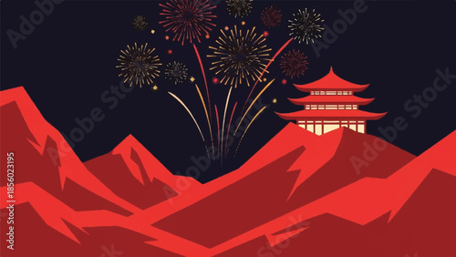 Celebratory fireworks illuminate pagoda nestled in majestic mountains at dusk from a distant viewpoint