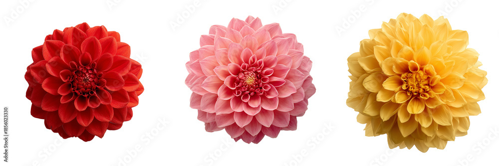 Fototapeta premium Red pink and yellow dahlia flowers arranged in a row isolated on a transparent background image