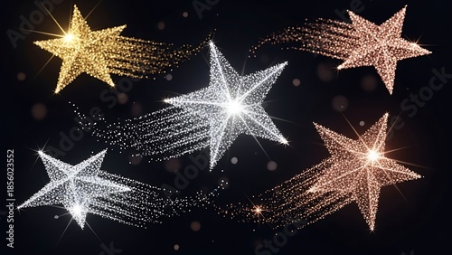 Sparkling stars in gold, silver, and rose gold on black background