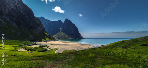 Kvalvika Sand Beach With Mountains And Ocean On Lofoten Islands In Norway