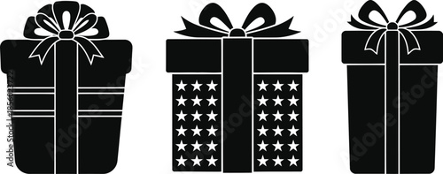 Black and white illustration of three wrapped presents