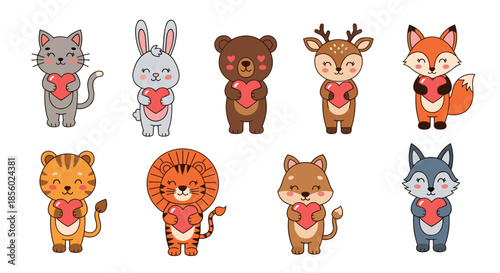 Collection of adorable cartoon animals holding red hearts including cat bunny bear deer fox and lion for valentine or nursery art.