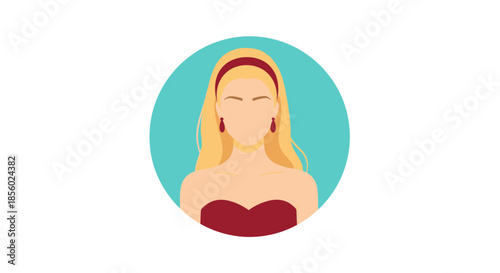 Elegant blonde woman avatar profile icon with a red headband and matching earrings set against a bright teal circular background.