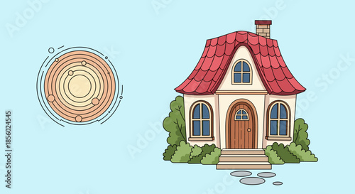 Whimsical cottage illustration with a red wavy roof next to an abstract circular diagram showing planetary orbits on a light blue background.