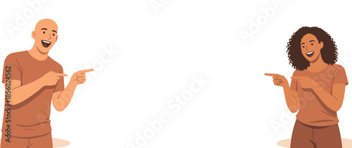 Excited Diverse Couple Pointing at Copy Space Look Here Vector Illustration