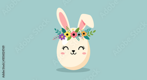 Festive easter egg illustration featuring a cute bunny face and a colorful flower crown on its head over a light blue background.
