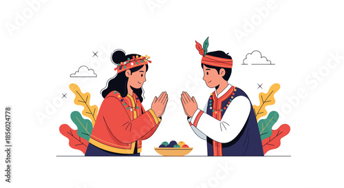Traditional southeast asian couple wearing colorful ethnic costumes and making a polite greeting gesture with autumn leaves behind.
