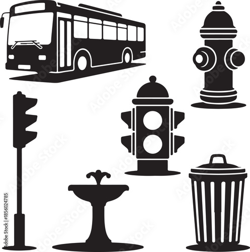 Collection of urban elements and street objects isolated on transparent background