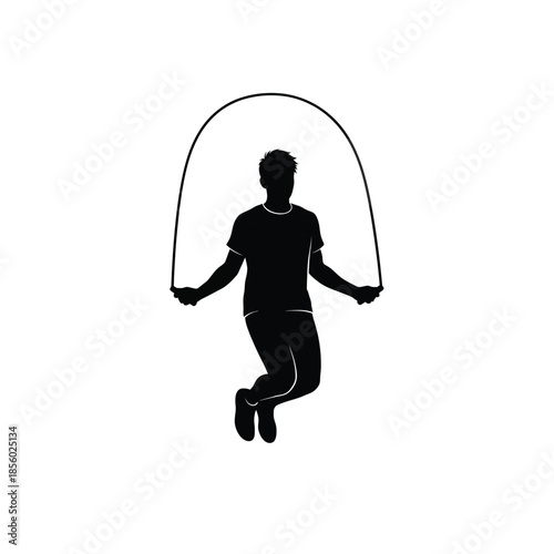 Man silhouette jumping rope exercise, fitness and cardio workout training isolated on white background.