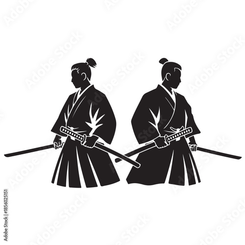 Black silhouette of samurai duo with katana blades Japanese warrior illustration