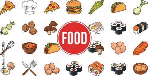 Variety of international food icons for culinary concepts