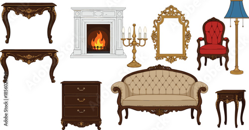 Luxury vintage furniture vector set featuring baroque tables fireplace ornate mirror red armchair and classic sofa for interior design.